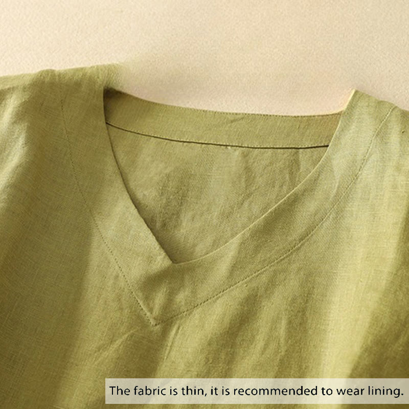 Maglietta da donna in cotone con scollo a V, manica corta, casual, estiva, tinta unita , Buddha Stones - image 1