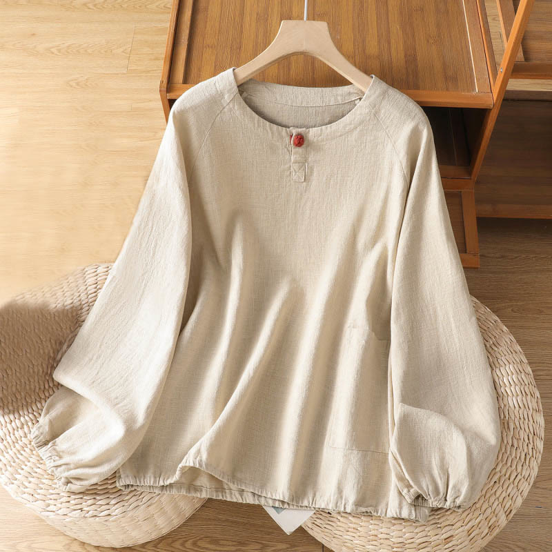 Camicia da donna casual in cotone e poliestere a maniche lunghe con motivo Buddha Stones - Beige - US14, UK/AU18, EU46 (2XL) - image 0
