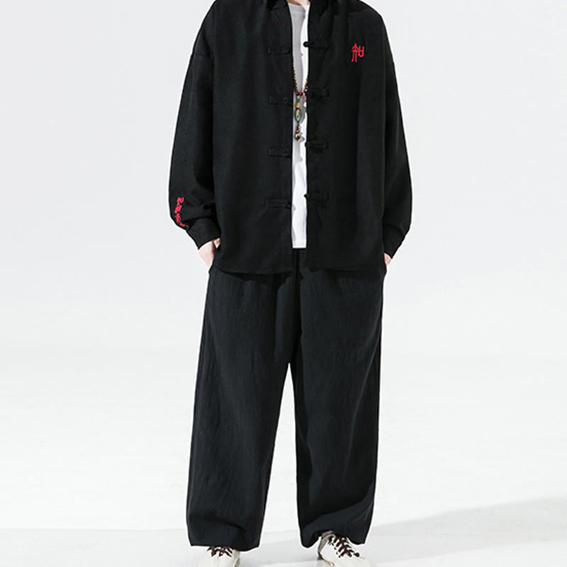 Giacca e camicia a maniche lunghe in cotone da uomo, con ricamo Buddha Stones bottoni cinesi a forma di rana - image 7