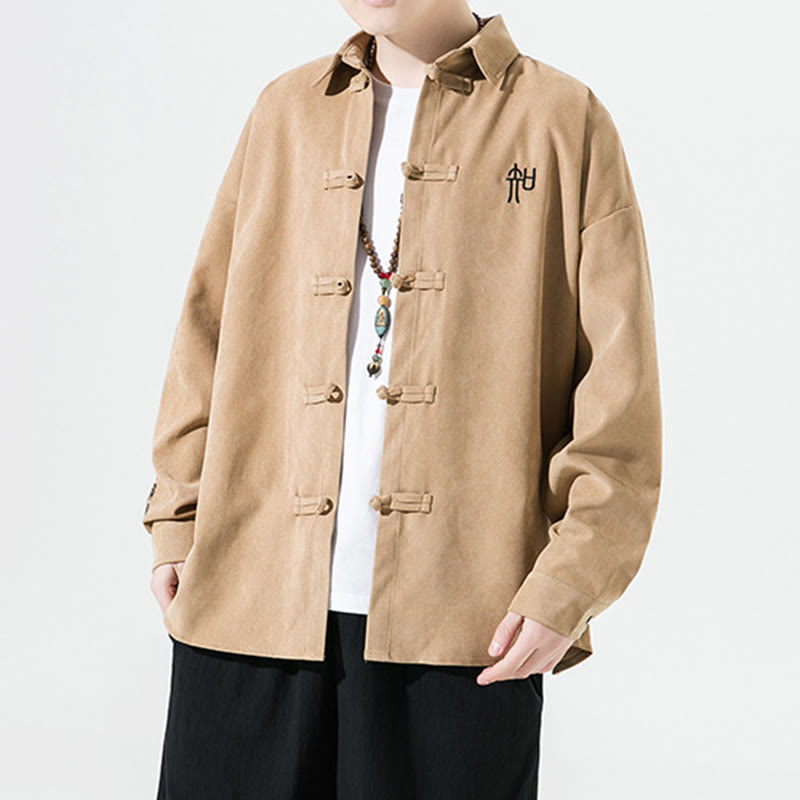 Giacca e camicia a maniche lunghe in cotone da uomo, con ricamo Buddha Stones bottoni cinesi a forma di rana - image 12