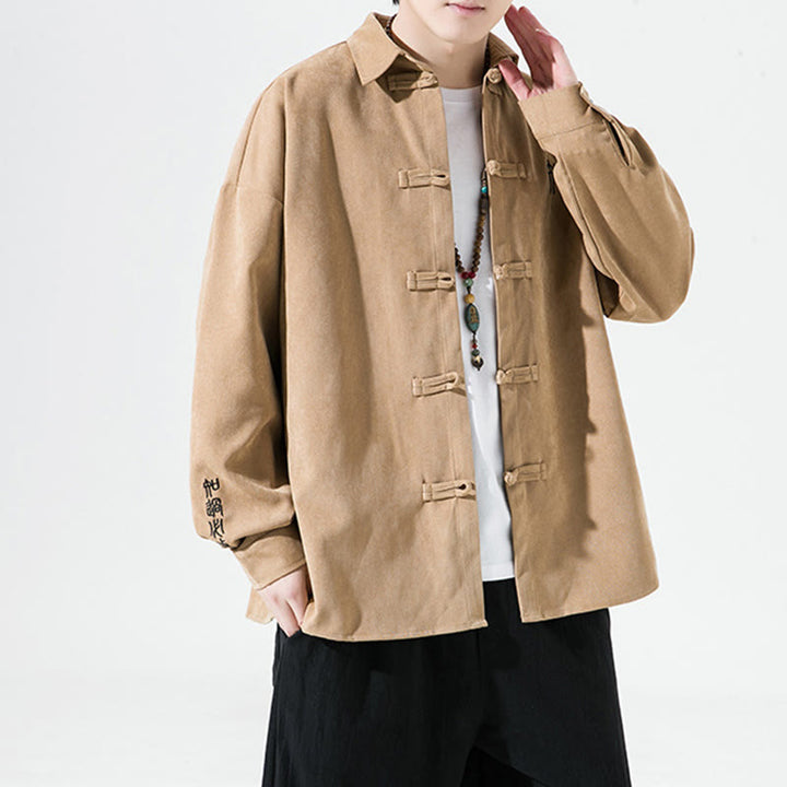 Giacca e camicia a maniche lunghe in cotone da uomo, con ricamo Buddha Stones bottoni cinesi a forma di rana - image 11