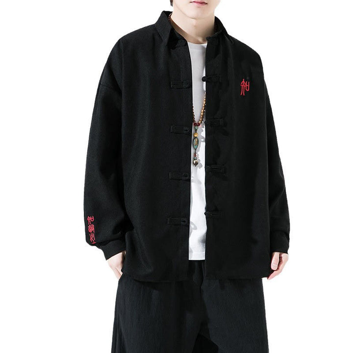 Giacca e camicia a maniche lunghe in cotone da uomo, con ricamo Buddha Stones bottoni cinesi a forma di rana - image 8