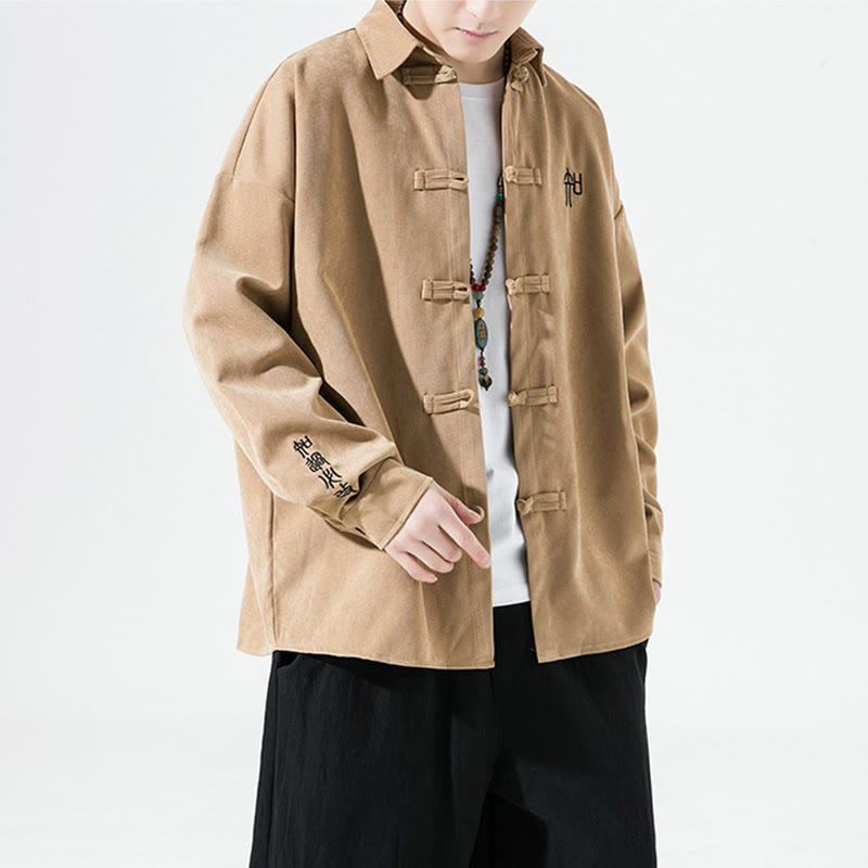 Giacca e camicia a maniche lunghe in cotone da uomo, con ricamo Buddha Stones bottoni cinesi a forma di rana - image 10