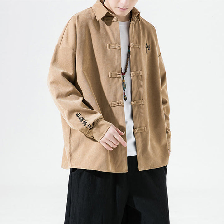 Giacca e camicia a maniche lunghe in cotone da uomo, con ricamo Buddha Stones bottoni cinesi a forma di rana - image 10