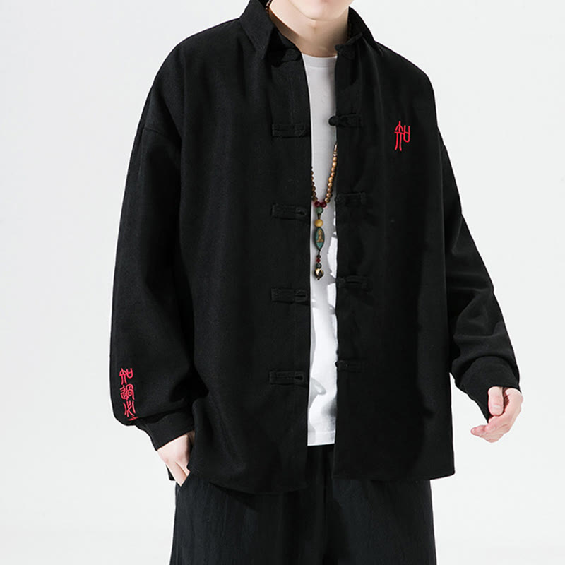 Giacca e camicia a maniche lunghe in cotone da uomo, con ricamo Buddha Stones bottoni cinesi a forma di rana - image 1
