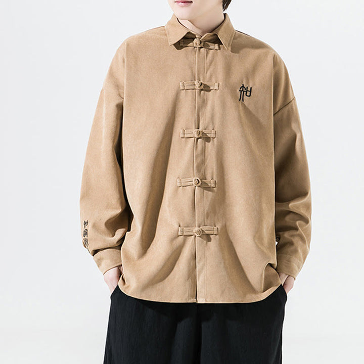Giacca e camicia a maniche lunghe in cotone da uomo, con ricamo Buddha Stones bottoni cinesi a forma di rana - image 14