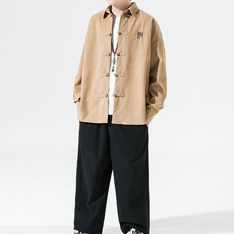 Giacca e camicia a maniche lunghe in cotone da uomo, con ricamo Buddha Stones bottoni cinesi a forma di rana - image 18