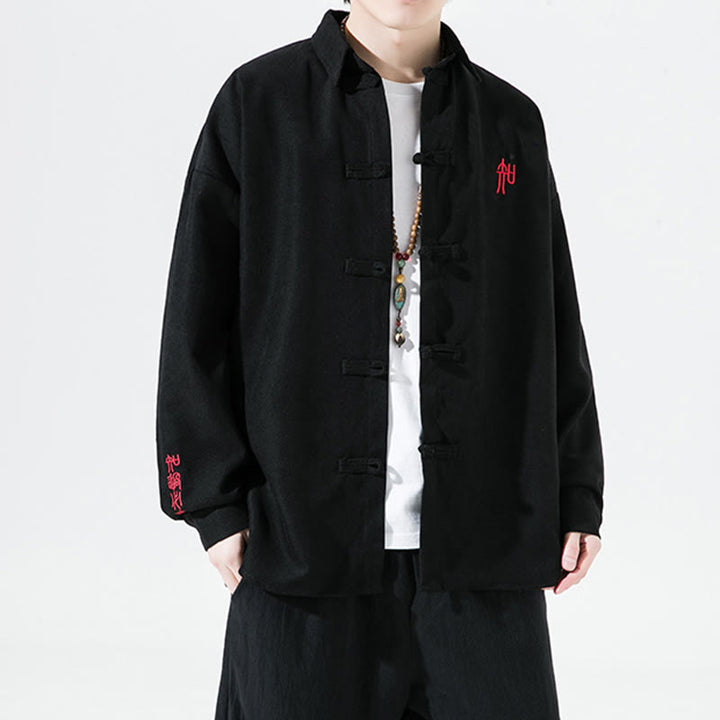 Giacca e camicia a maniche lunghe in cotone da uomo, con ricamo Buddha Stones bottoni cinesi a forma di rana - Nero - US/UK/AU46, EU56 (5XL) - image 0