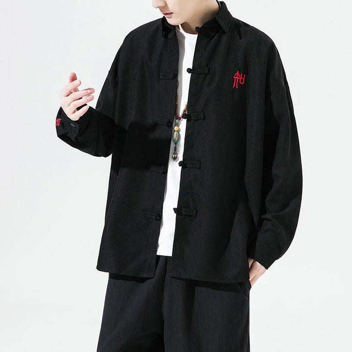 Giacca e camicia a maniche lunghe in cotone da uomo, con ricamo Buddha Stones bottoni cinesi a forma di rana - image 4