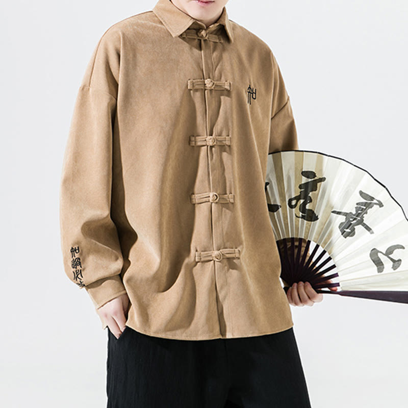 Giacca e camicia a maniche lunghe in cotone da uomo, con ricamo Buddha Stones bottoni cinesi a forma di rana - image 13