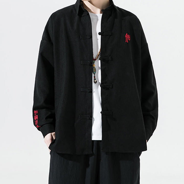 Giacca e camicia a maniche lunghe in cotone da uomo, con ricamo Buddha Stones bottoni cinesi a forma di rana - image 2
