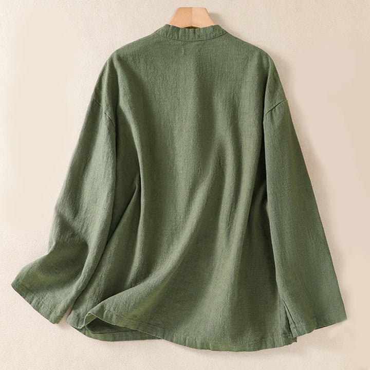 Camicia da donna a maniche lunghe con bottoni e scollo rotondo, con stampa Buddha Stones tasche. - image 1