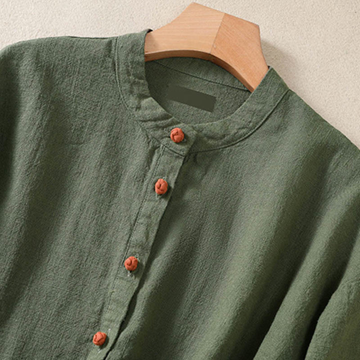 Camicia da donna a maniche lunghe con bottoni e scollo rotondo, con stampa Buddha Stones tasche. - image 5