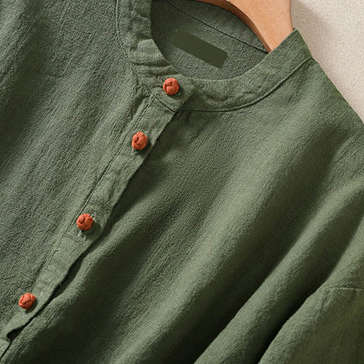 Camicia casual da donna in cotone con maniche lunghe, scollo rotondo, bottoni e tasche , Buddha Stones - image 4