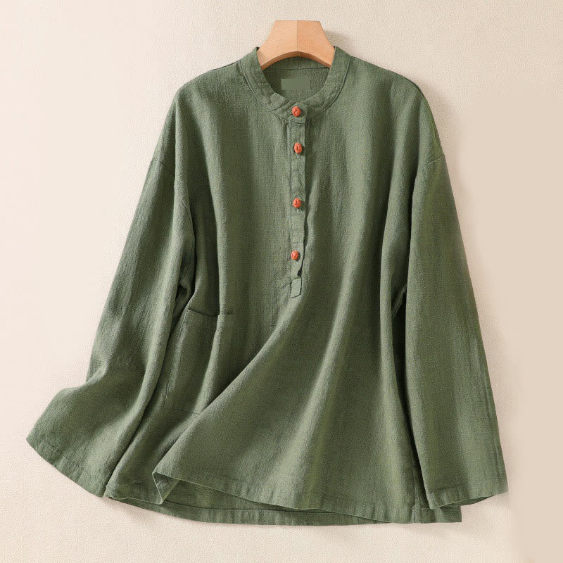 Camicia casual da donna in cotone con maniche lunghe, scollo rotondo, bottoni e tasche , Buddha Stones - DarkSeaGreen - US14, UK/AU18, EU46 (2XL) - image 0