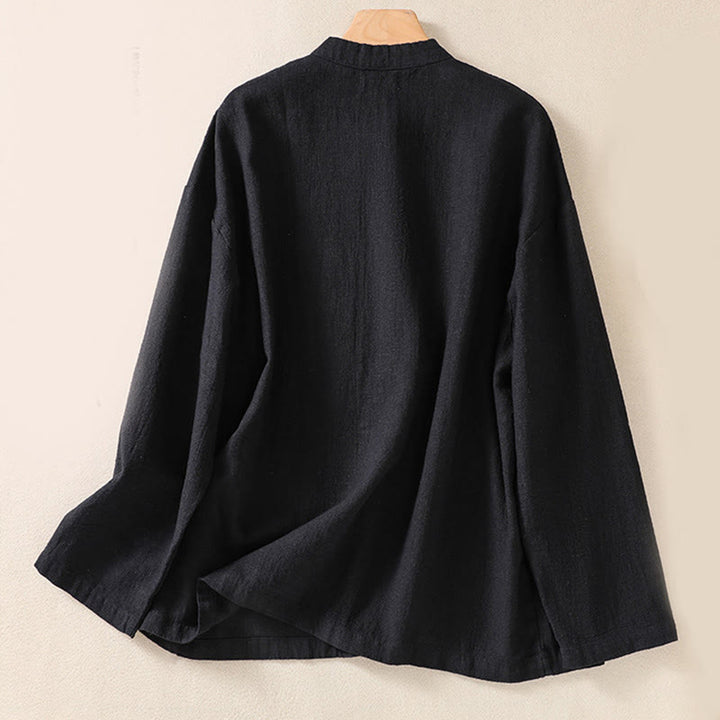 Camicia da donna a maniche lunghe con bottoni e scollo rotondo, con stampa Buddha Stones tasche. - image 10