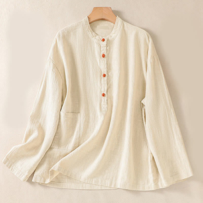 Camicia da donna a maniche lunghe con bottoni e scollo rotondo, con stampa Buddha Stones tasche. - Seta di mais - US8-10, UK/AU12-14, EU40-42 (2XL) - image 16