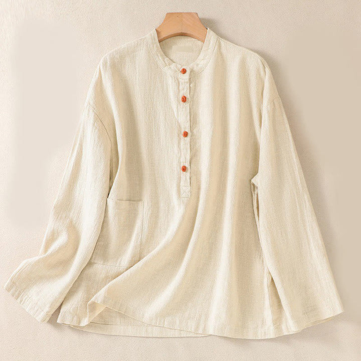 Camicia da donna a maniche lunghe con bottoni e scollo rotondo, con stampa Buddha Stones tasche. - Seta di mais - US8-10, UK/AU12-14, EU40-42 (2XL) - image 16