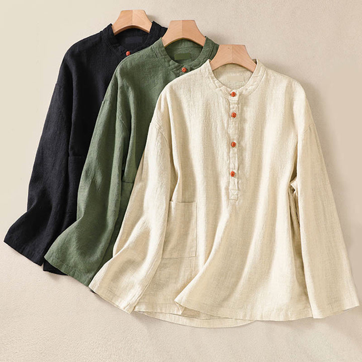 Camicia casual da donna in cotone con maniche lunghe, scollo rotondo, bottoni e tasche , Buddha Stones - image 26