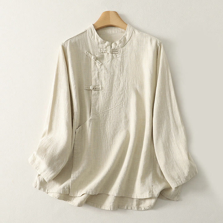Camicia da donna a maniche lunghe con bottoni a rana e stampa Buddha Stones, casual e semplice - Beige - US8-10, UK/AU12-14, EU40-42 (2XL) - image 6