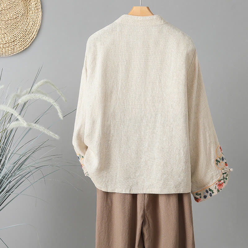 Camicia da donna in cotone con bottoni a rana, maniche lunghe, ricamo di fiori e Buddha Stones - image 1