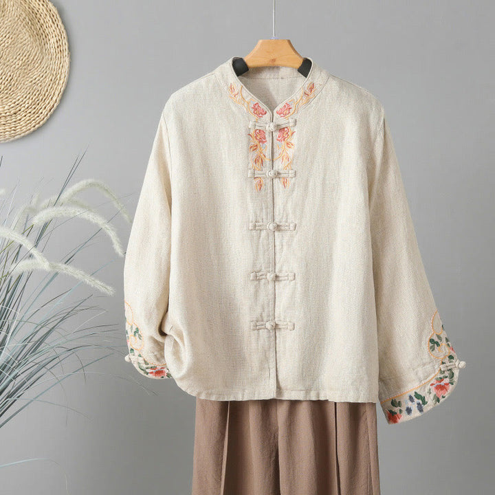 Camicia da donna in cotone con bottoni a rana, maniche lunghe, ricamo di fiori e Buddha Stones - Beige - US12, UK/AU16, EU44 (2XL) - image 0