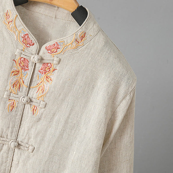 Camicia da donna in cotone con bottoni a rana, maniche lunghe, ricamo di fiori e Buddha Stones - image 4