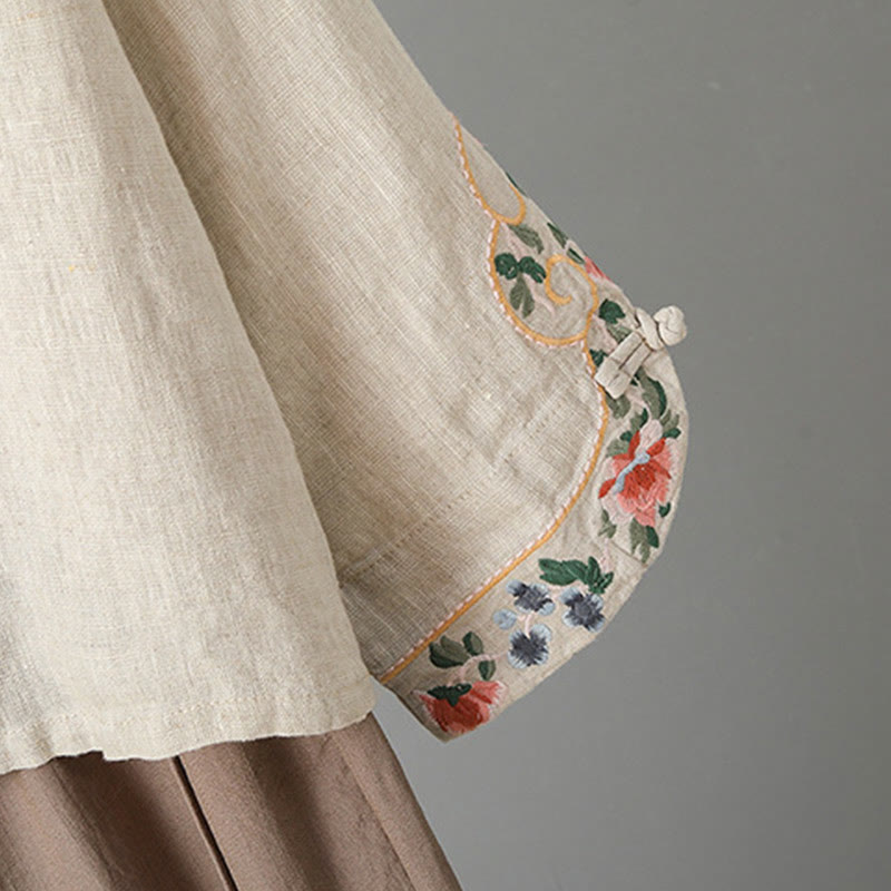 Camicia da donna in cotone con bottoni a rana, maniche lunghe, ricamo di fiori e Buddha Stones - image 3