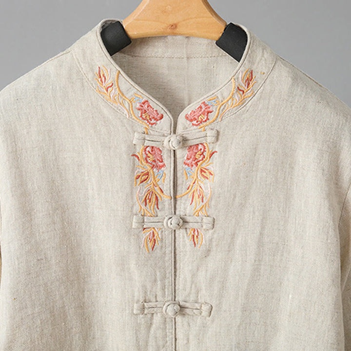 Camicia da donna in cotone con bottoni a rana, maniche lunghe, ricamo di fiori e Buddha Stones - image 8