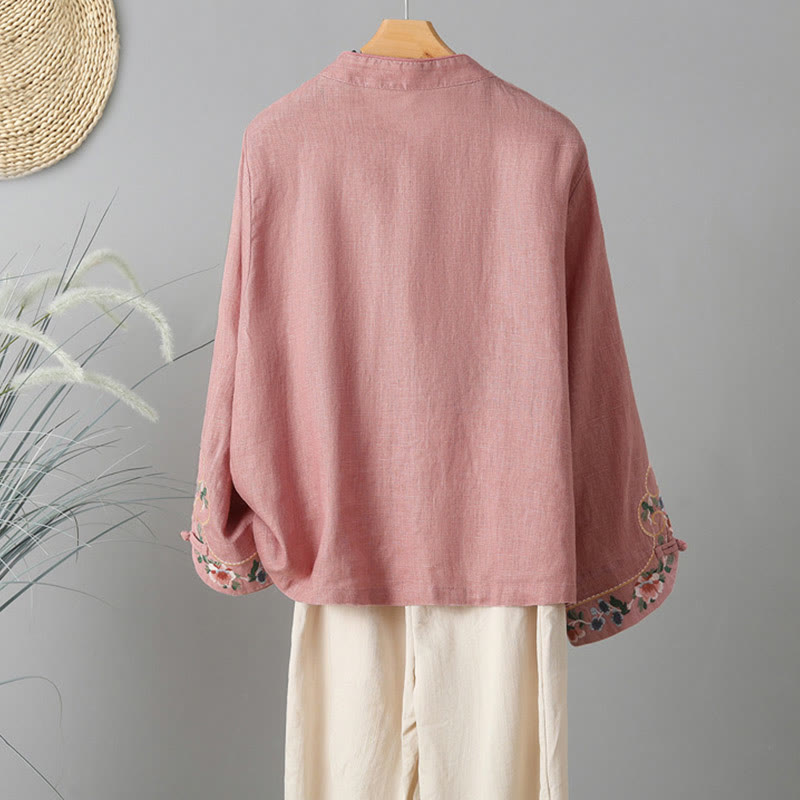 Camicia da donna in cotone con bottoni a rana, maniche lunghe, ricamo di fiori e Buddha Stones - image 10
