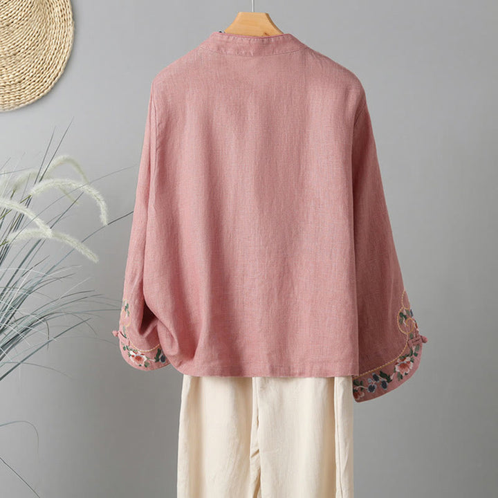 Camicia da donna in cotone con bottoni a rana, maniche lunghe, ricamo di fiori e Buddha Stones - image 10