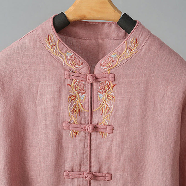 Camicia da donna in cotone con bottoni a rana, maniche lunghe, ricamo di fiori e Buddha Stones - image 11