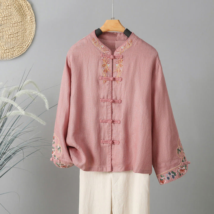 Camicia da donna in cotone con bottoni a rana, maniche lunghe, ricamo di fiori e Buddha Stones - Rosa chiaro - US12, UK/AU16, EU44 (2XL) - image 9