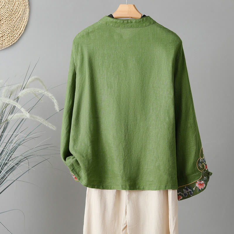 Camicia da donna in cotone con bottoni a rana, maniche lunghe, ricamo di fiori e Buddha Stones - image 13