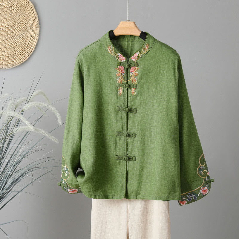 Camicia da donna in cotone con bottoni a rana, maniche lunghe, ricamo di fiori e Buddha Stones - Verde oliva - US12, UK/AU16, EU44 (2XL) - image 12