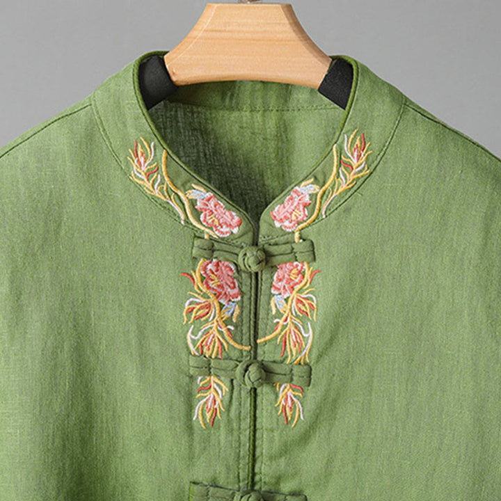 Camicia da donna in cotone con bottoni a rana, maniche lunghe, ricamo di fiori e Buddha Stones - image 14