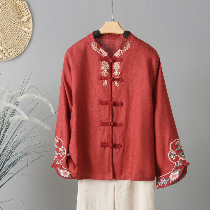 Camicia da donna in cotone con bottoni a rana, maniche lunghe, ricamo di fiori e Buddha Stones - Mattoni refrattari - US12, UK/AU16, EU44 (2XL) - image 15