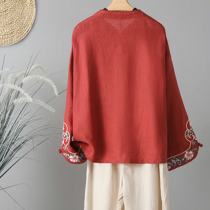 Camicia da donna in cotone con bottoni a rana, maniche lunghe, ricamo di fiori e Buddha Stones - image 16