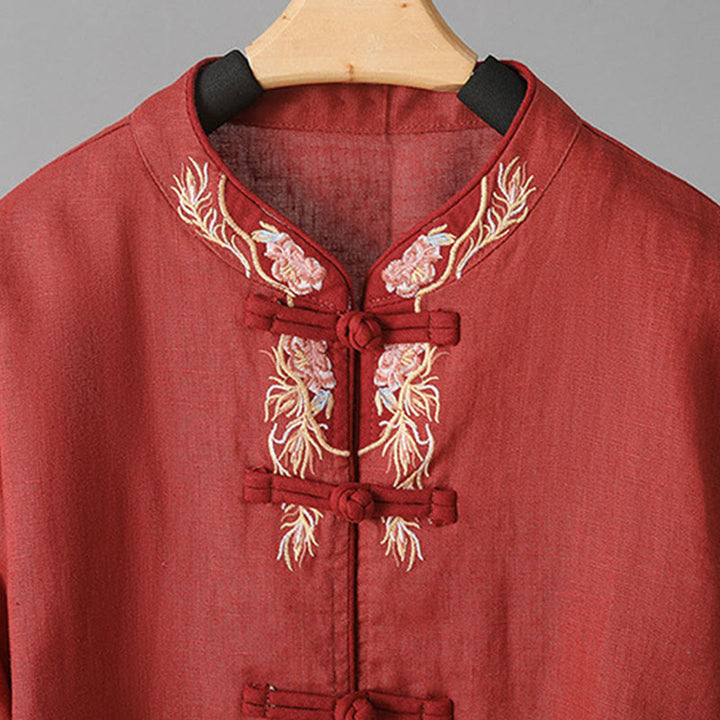 Camicia da donna in cotone con bottoni a rana, maniche lunghe, ricamo di fiori e Buddha Stones - image 17