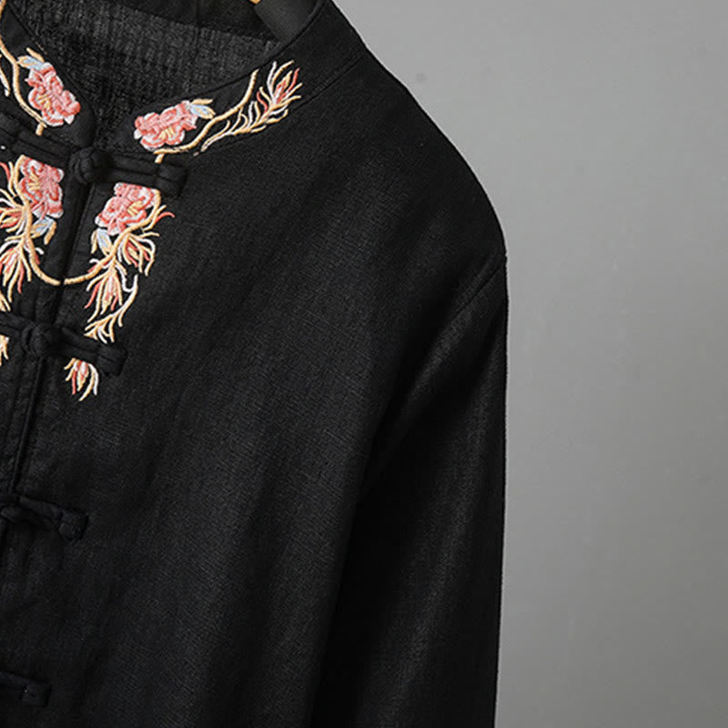 Camicia da donna in cotone con bottoni a rana, maniche lunghe, ricamo di fiori e Buddha Stones - image 20