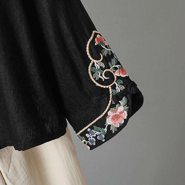 Camicia da donna in cotone con bottoni a rana, maniche lunghe, ricamo di fiori e Buddha Stones - image 21