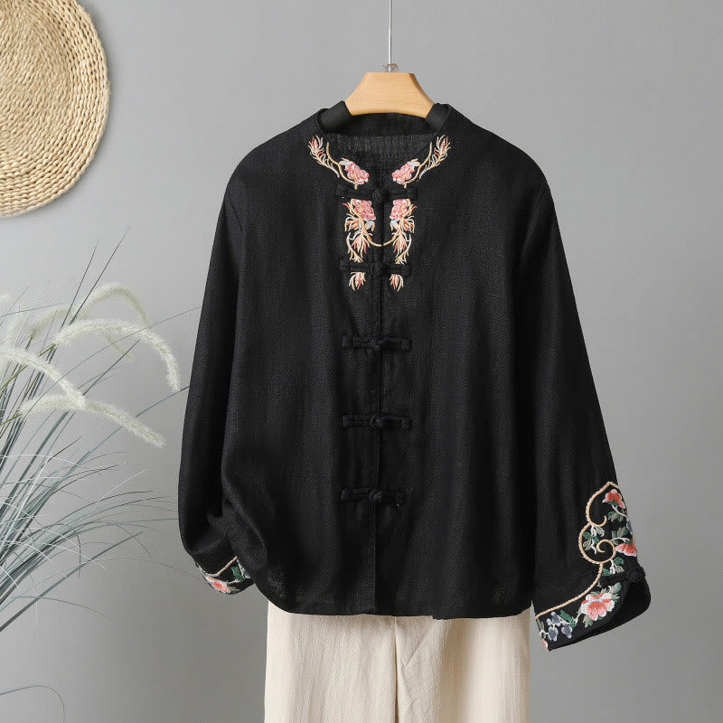 Camicia da donna in cotone con bottoni a rana, maniche lunghe, ricamo di fiori e Buddha Stones - Nero - US12, UK/AU16, EU44 (2XL) - image 18