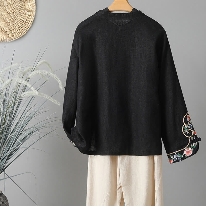 Camicia da donna in cotone con bottoni a rana, maniche lunghe, ricamo di fiori e Buddha Stones - image 19