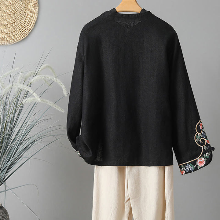 Camicia da donna in cotone con bottoni a rana, maniche lunghe, ricamo di fiori e Buddha Stones - image 19