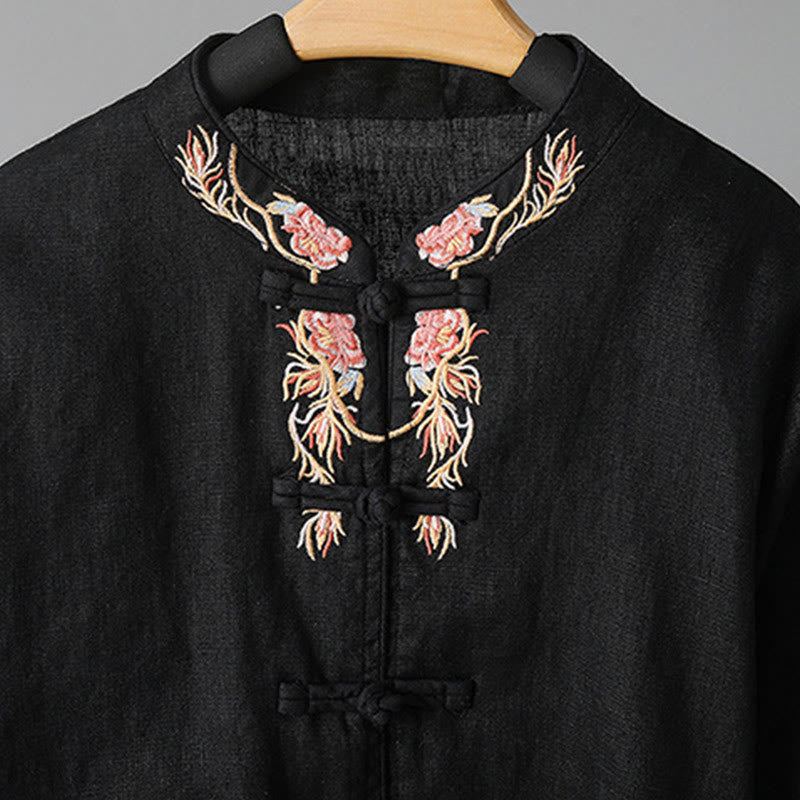 Camicia da donna in cotone con bottoni a rana, maniche lunghe, ricamo di fiori e Buddha Stones - image 24