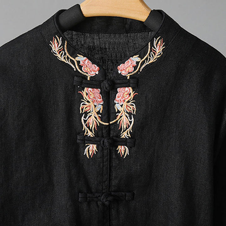 Camicia da donna in cotone con bottoni a rana, maniche lunghe, ricamo di fiori e Buddha Stones - image 24