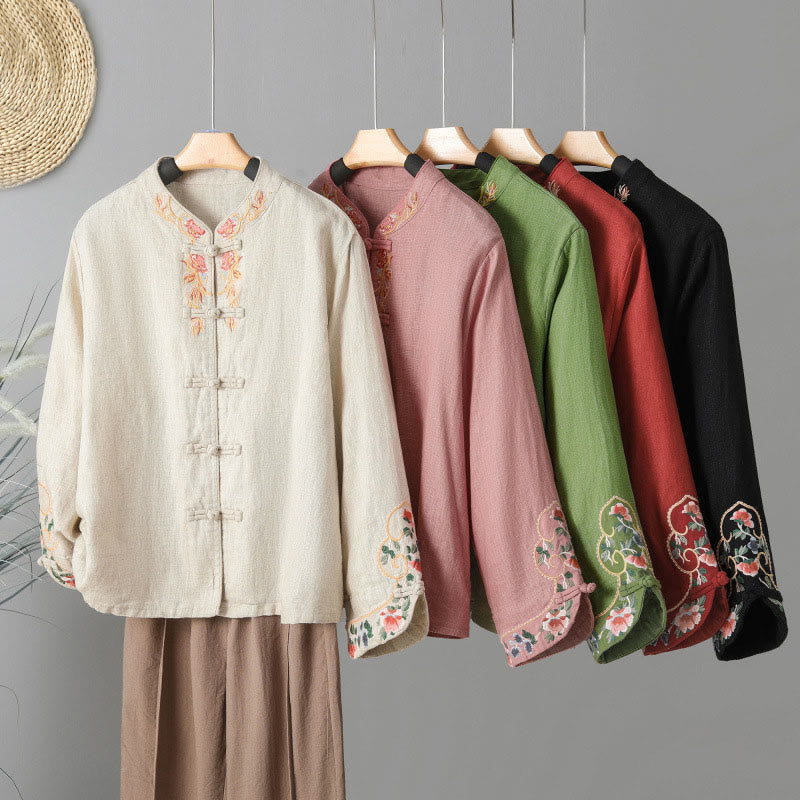 Camicia da donna in cotone con bottoni a rana, maniche lunghe, ricamo di fiori e Buddha Stones - image 25