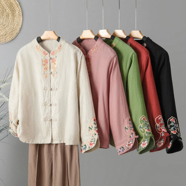 Camicia da donna in cotone con bottoni a rana, maniche lunghe, ricamo di fiori e Buddha Stones - image 25