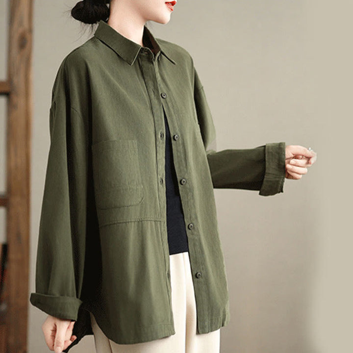 Camicia da donna in cotone a maniche lunghe, casual e semplice, con tasche, Buddha Stones - image 2