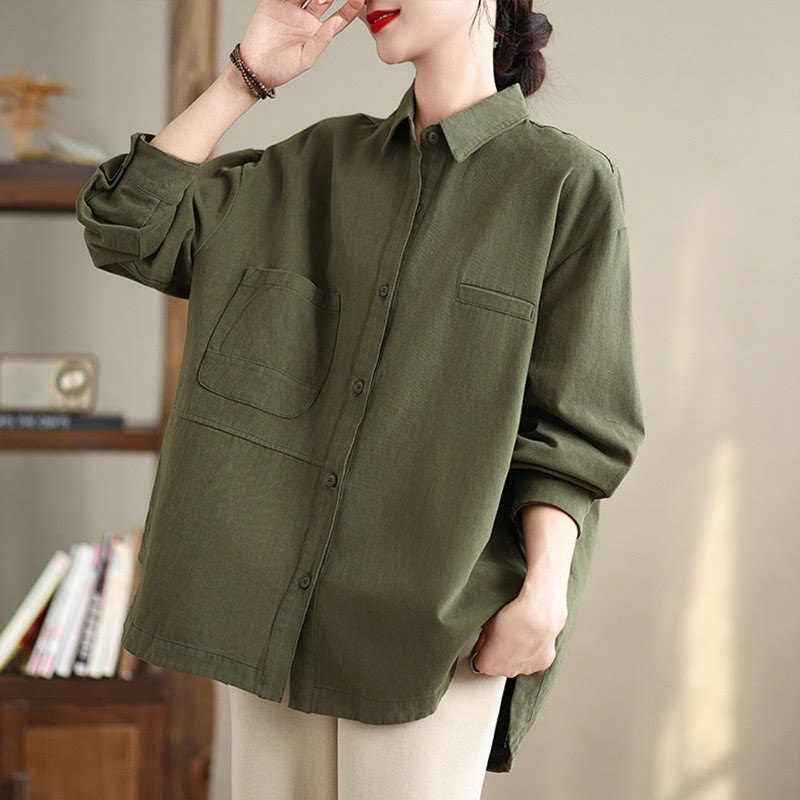 Camicia da donna in cotone a maniche lunghe, casual e semplice, con tasche, Buddha Stones - image 4